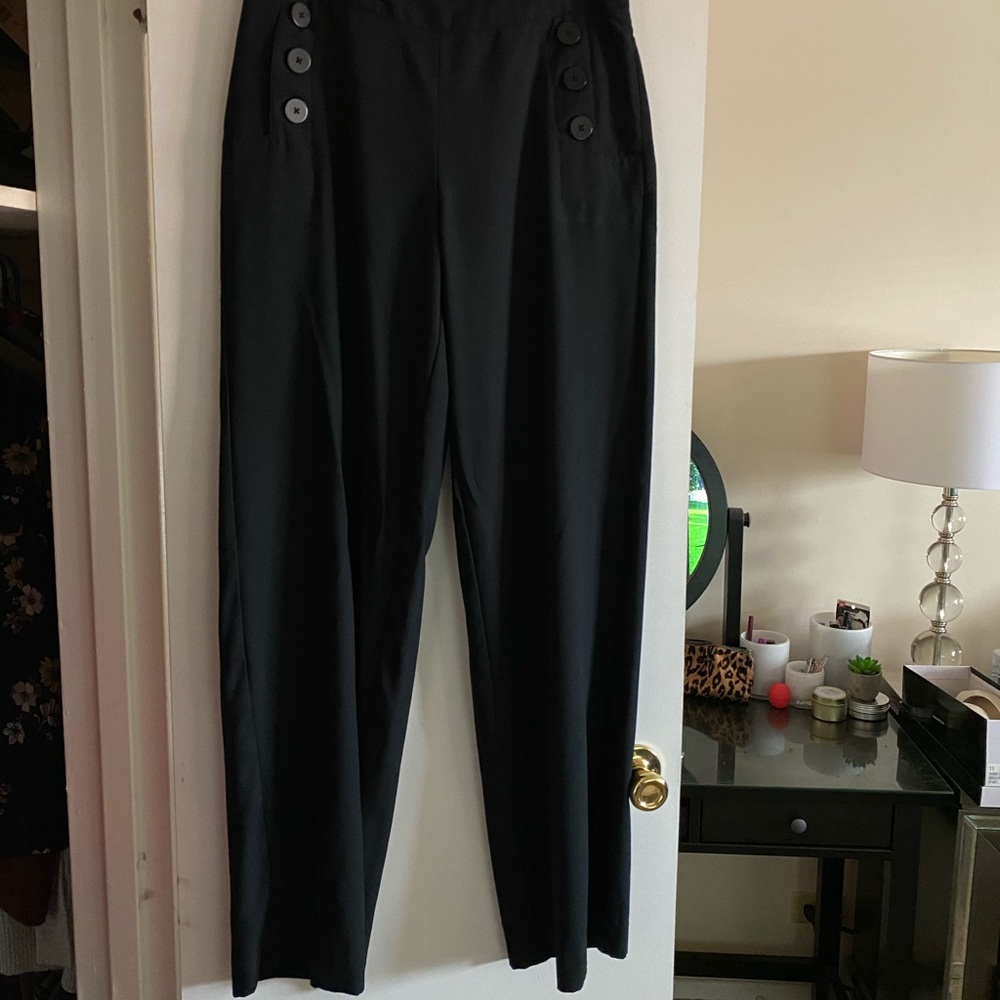 High Waist Wide Leg Trouser Pants w/Buttons